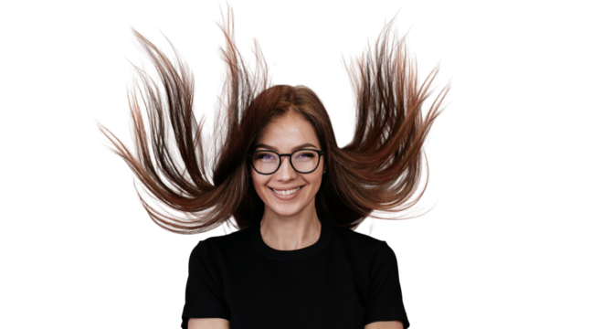 Indoor shoot of Italian woman in spectacles and black t-shirt with fluttering long loose hair in air, broad smiling, looks satisfied by health over transparent background. People emotions, healthcare