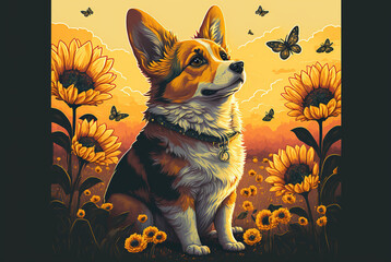 An illustrated corgi surrounded by sunflowers and butterflies. 