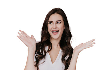 Wow! Screaming young beautiful brunette woman spreading hands in excited expression amazed by unbelievable news, discount, sale. Pretty hispanic model with open eyes, mouth over transparent background