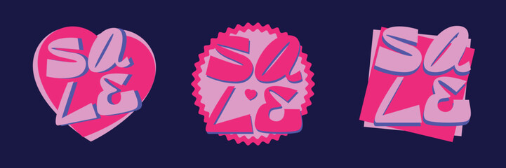 Set of bright neon simple heart stickers and icons for banners, leaflets, flyers. Sale for valentine's day. Message for improving sales in social networks, supermarkets, stores. Promo campaign. Sample