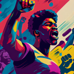 Naklejka premium Man afro, angry in the middle of an afro protest, yelling. Generative AI