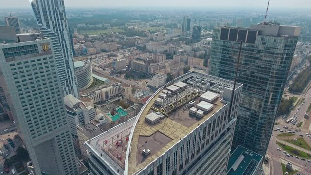 Warsaw, Poland. Aerial view Palace of Culture and Science and downtown business skyscrapers in Warsaw, Poland.