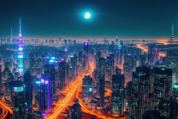 Fototapeta premium Aerial image of city futuristic city at night . generative ai