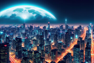Obraz premium Aerial image of city futuristic city at night . generative ai