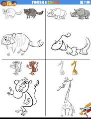 drawing and coloring worksheet with cartoon animals
