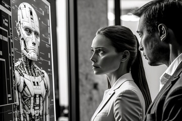 A businesswoman and businessman standing side by side, looking at a image of an AI robot on a computer screen, black and white, generative ai