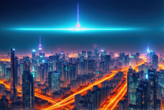 Aerial image of city futuristic city at night . generative ai