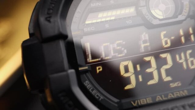 Macro close up of a tactical digital watch face functioning
