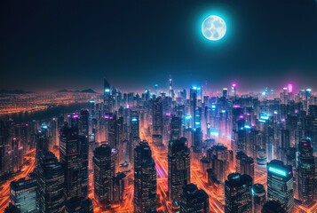 Obraz premium Aerial image of city futuristic city at night . generative ai