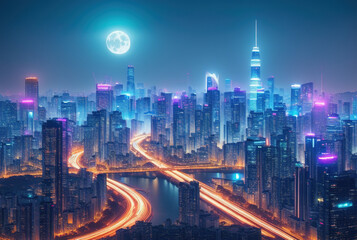 Fototapeta na wymiar Aerial image of city futuristic city at night . generative ai