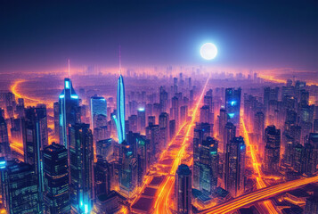 Fototapeta premium Aerial image of city futuristic city at night . generative ai