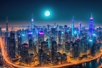 Obraz premium Aerial image of city futuristic city at night . generative ai