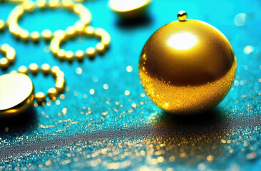 Fototapeta premium abstract gold rings, gold beads, suspended in globe of aqua water. generative ai