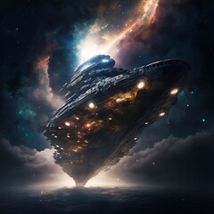 Fototapeta na wymiar a beautiful illustration of a giant alien ship, sailing through space