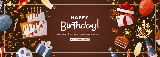 Naklejka premium Birthday brown promo banner with cake, cupcake, gifts, champagne, caps, confetti. Birthday party, celebration, holiday, event, festive concept. Banner, flyer, advertising. Discount. Cartoon vector