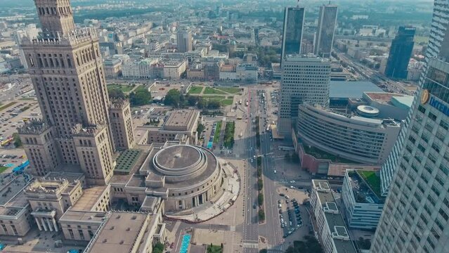Warsaw, Poland. Aerial view Palace of Culture and Science and downtown business skyscrapers in Warsaw, Poland.