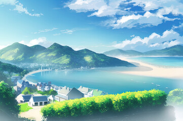 Obraz premium Wide low angle light blue foggy landscape with a small town on a clear blue coast. generative ai