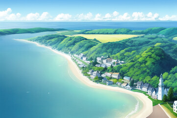 Wide low angle light blue foggy landscape with a small town on a clear blue coast. generative ai