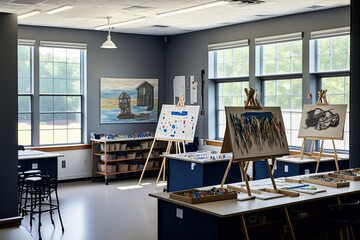 An illustration of an art classroom with art supplies around the room. 