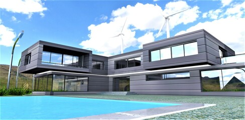 Obraz premium View of the futuristic cottage with pool. Fully independent energy system on the base of wind generation. 3d rendering.