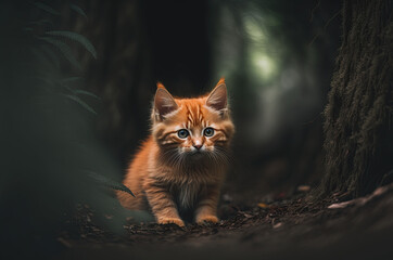 AI generated orange cat alone in the woods. 