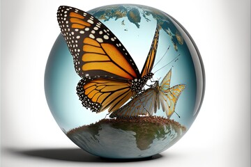  a butterfly flying over a globe with a map of the world in it's center and a map of the world in the background, on a white background, a white background,. Generative AI