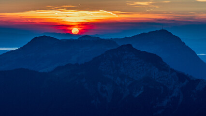 Switzerland 2022, Beautiful view of the Alps from Fronalpstock. Sunset on Rigi Kulm.