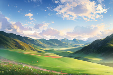 peaceful landscape, colorful nature, mountains, amazing sky, beautiful fields. generative ai. anime style illustrations