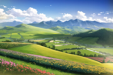 Fototapeta na wymiar peaceful landscape, colorful nature, mountains, amazing sky, beautiful fields. generative ai. anime style illustrations