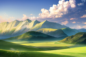 Obraz premium peaceful landscape, colorful nature, mountains, amazing sky, beautiful fields. generative ai. anime style illustrations
