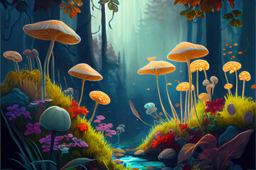 Obraz na płótnie Canvas Generative Ai, art painting style, mushrooms in the forest