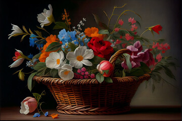 Fototapeta na wymiar Generative Ai, art painting style, basket with flowers