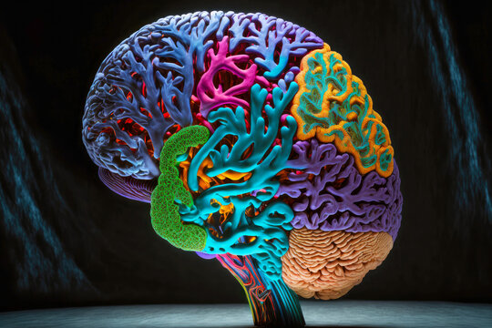 Multi-colored Model Of Human Brain With Convolons And Vessels On Dark Background