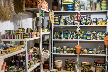 view of store and workshop of pottery and wickerwork, handicrafts, antique crafts, colorful and original gifts.Nijar,Almeria,España