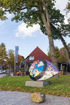 Cityscape with modern sculpture of the center of the village Borger at Hondsrug in Drenthe in the Netherlands