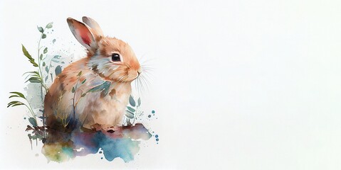 Watercolour background with rabbit, leaves and place for text. Illustration for Lunar Chinese New Year or for the Easter card and invitation, book and calendar with place foe text. AI generative