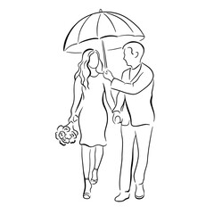girl and guy under an umbrella with a bouquet of roses, sketch line art. Loving couple, man and woman