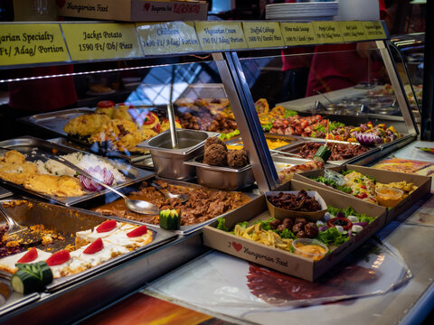 BUDAPEST, HUNGARY - JULY 16, 2019:  Takeaway fast food for sale in the food court of the Great Market 