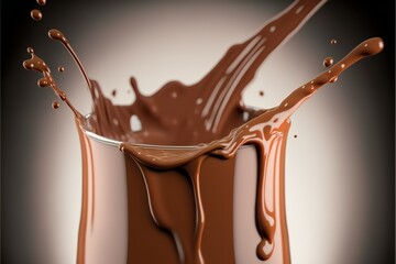 Realistic liquid chocolate or cocoa with splashes and drops is poured into a glass goblet from above close-up.AI generated.