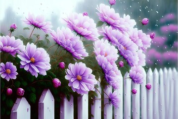 a painting of purple flowers on a white picket fence with rain drops on the glass window and a white picket fence with a white picket fence and white fence with white picket post. Generative AI