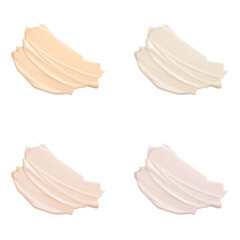 Makeup foundation swatches isolated on white background. Brown color correcting cream strokes of various shades.