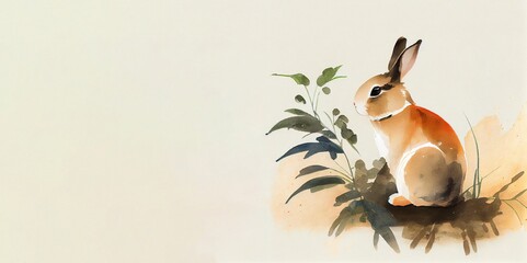 Watercolour background with rabbit, leaves and place for text. Illustration for Lunar Chinese New Year or for the Easter card and invitation, book and calendar with place foe text. AI generative