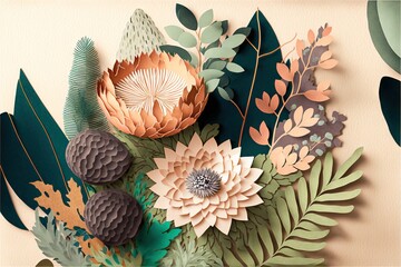  a paper cut of flowers and leaves on a beige background with a green border around it and a pink center piece with a green center piece of leaves and a few other flowers on the. Generative AI