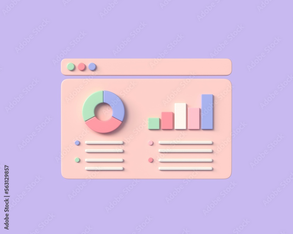 Poster 3d window with pie chart in cartoon style. financial report chart.internet marketing and data analys