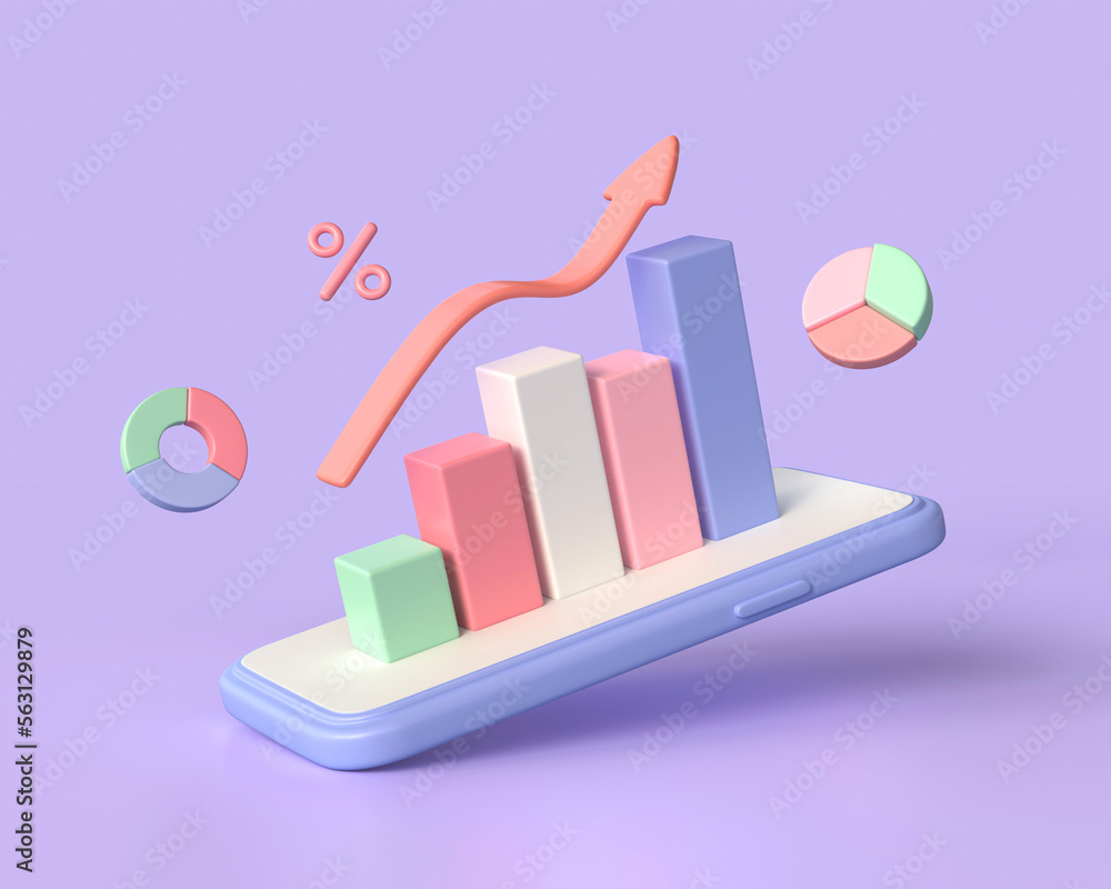 Poster 3d mobile phone with graph on screen, red arrow and pie charts. stock trading concept. business and 