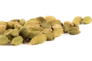 Pods of green cardamom on a white background.