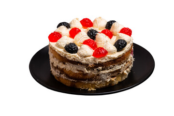 Delicious birthday layer cake filled with mascarpone cream and decorated jelly sweets on isolated png background