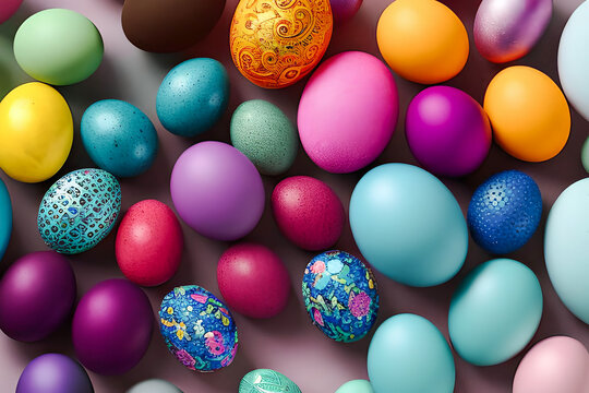 flat lay view easter eggs, generative AI.