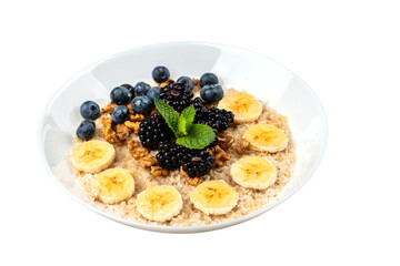 Bowls of oatmeal with berries and fruits on isolated png background