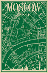 Green hand-drawn framed poster of the downtown MOSCOW, RUSSIA with highlighted vintage city skyline and lettering